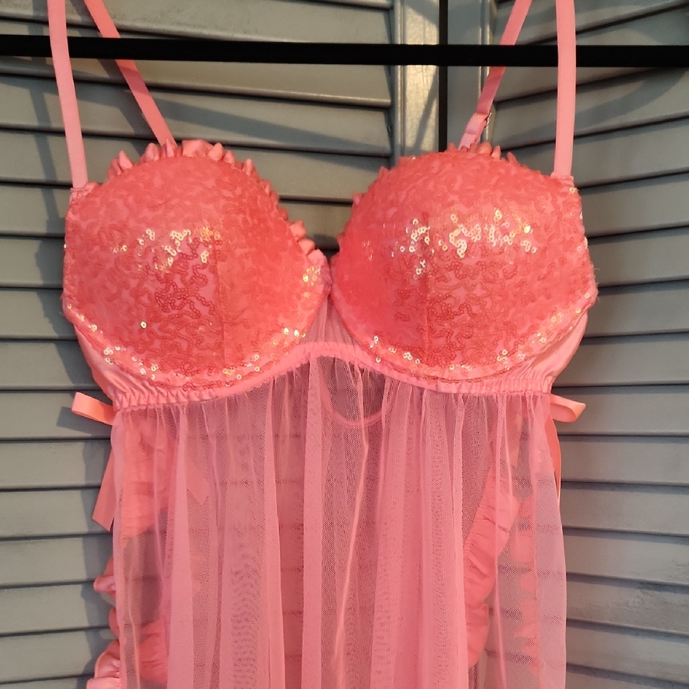 Victoria's Secret Sequin Baby Doll Nightie Lingerie Neon Coral Pink 36C Ruffles